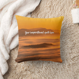 Your custom text sunrise above foggy landscape throw pillow