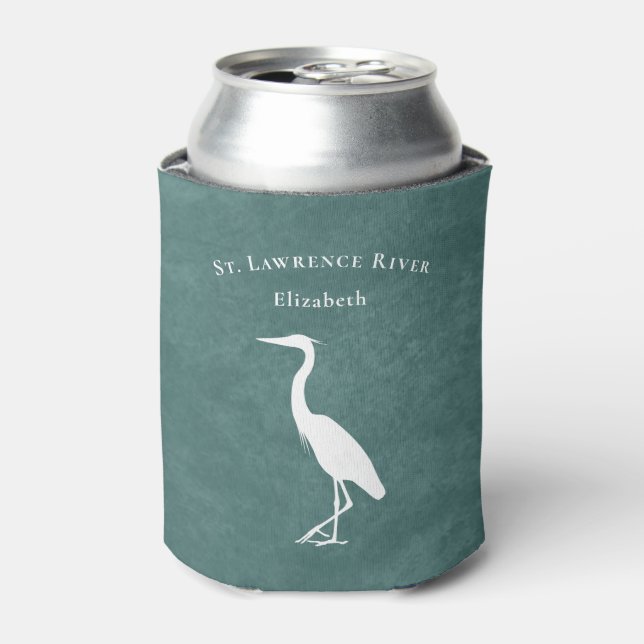 your custom text teal blue Heron Egret silhouette Can Cooler (Can Front)