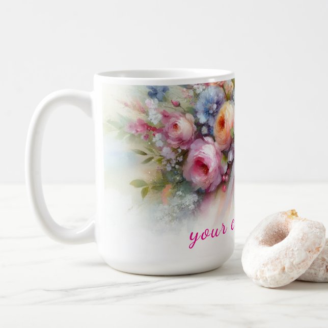 Your Custom Text Watercolor Flowers Art Painting Coffee Mug (With Donut)