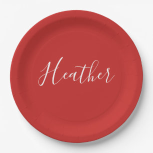 Your Custom White Script on Red Paper Plate