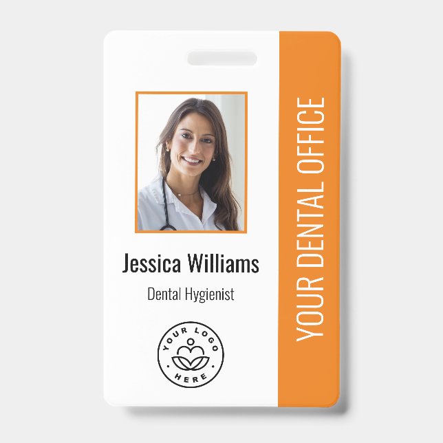 Your Dentist Office Logo Photo ID Orange Badge (Front)