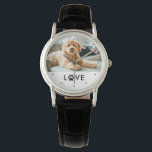 Your Dog or Cat Photo | Love with Paw Print Watch<br><div class="desc">This simple and adorable black and white design features your favourite photo of your pet dog or cat,  with the word "love" using a paw print in black modern text on a white background.</div>