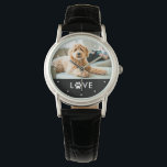 Your Dog or Cat Photo | Love with Paw Print Watch<br><div class="desc">This simple and adorable design features your favourite photo of your pet dog or cat,  with the word "love" using a paw print in white modern text on a dark black background.</div>