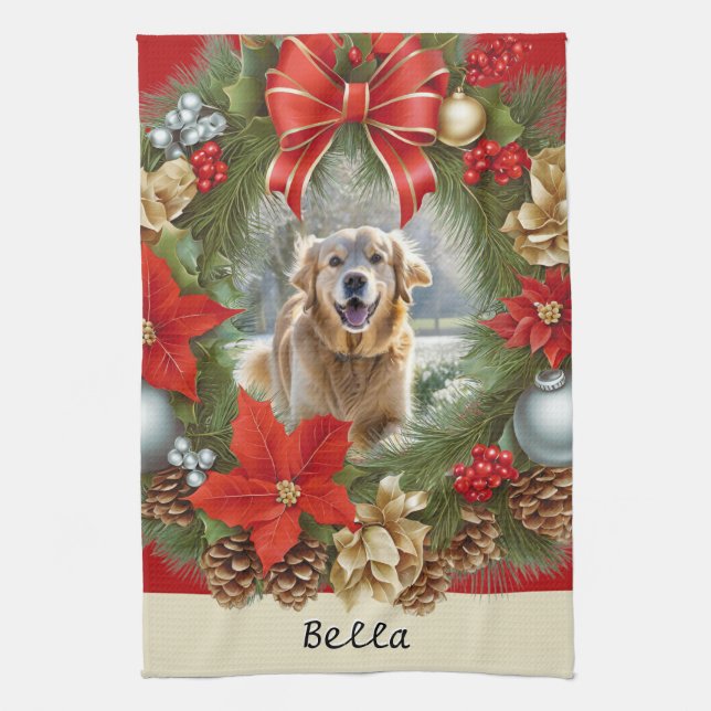 Your Dog Pet Photo Picture Festive Christmas Kitchen Towel (Vertical)
