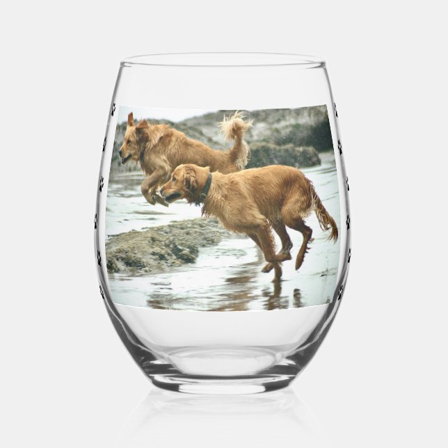 Your Dog Photo with Paw Prints Stemless Wine Glass (Left)