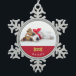 Your Dog's First Christmas | Red with Photo Snowflake Pewter Christmas Ornament<br><div class="desc">This adorable holiday ornament says the name of your dog,  and is the perfect keepsake to remember their first Christmas with you! You can add the year in the centre of the cute dog bone,  and add your puppy's photo.</div>