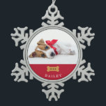 Your Dog's First Christmas | Red with Photo Snowflake Pewter Christmas Ornament<br><div class="desc">This adorable holiday ornament says the name of your dog,  and is the perfect keepsake to remember their first Christmas with you! You can add the year in the centre of the cute dog bone,  and add your puppy's photo.</div>