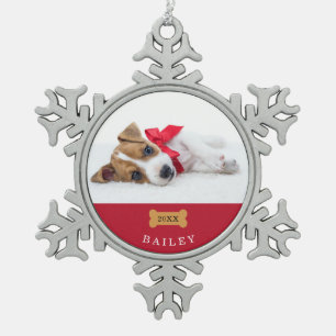 Your Dog's First Christmas   Red with Photo Snowflake Pewter Christmas Ornament