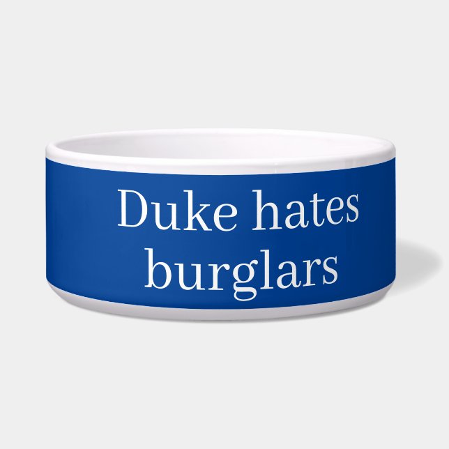 Your dog's name dish, funny, blue white bowl (Left)