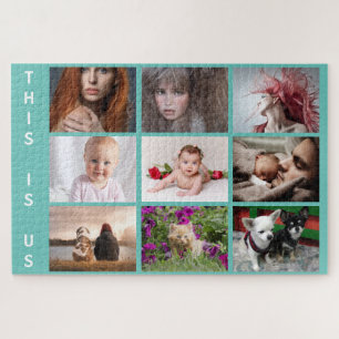 YOUR family and pets collage on teal blue Jigsaw Puzzle