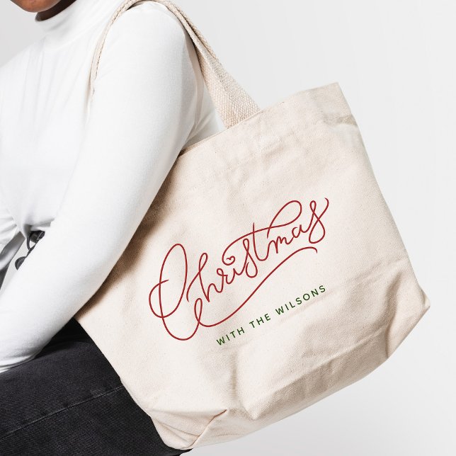 Your Family Christmas Modern Script Family Name Large Tote Bag (Spread cheer! Rock the holidays with our personalized family name tote bags 🎄👨‍👩‍👧‍👦)