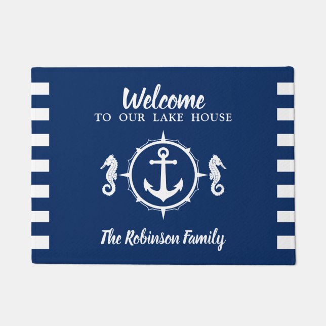 Your Family Name Lake House Seahorse Anchor Doormat (Front)