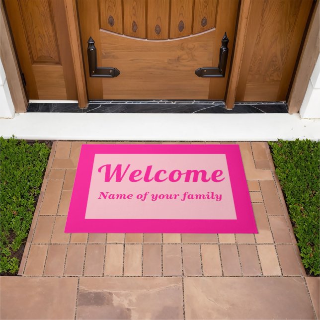 Your Family Name With Welcome on Pink Doormat (Outdoor)
