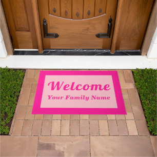 Your Family Name With Welcome Text on Pink Doormat