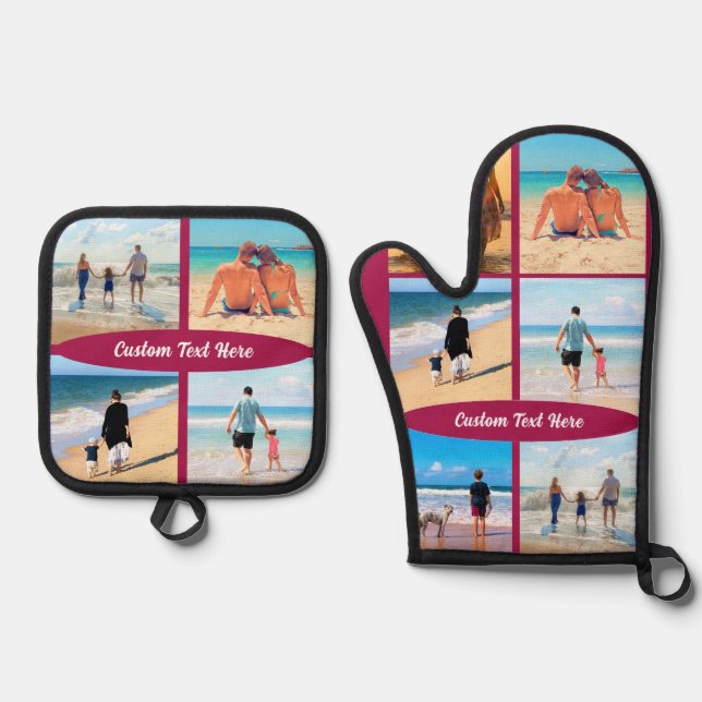 Your Family Photo Collage Custom Text Personalized Oven Mitt & Pot Holder Set (Front)