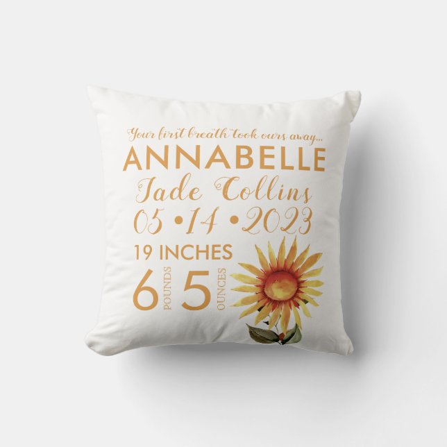 Your First Breath Sunflower Baby Birth Throw Pillow (Front)