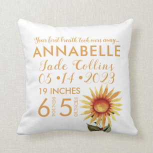 Your First Breath Sunflower Baby Birth Throw Pillow