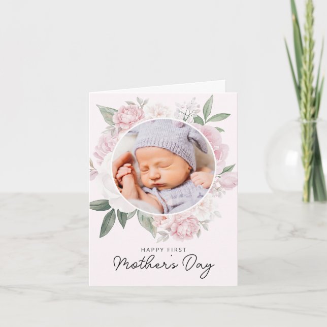 Your First Mother's Day Peony Flowers Photo Card (Front)