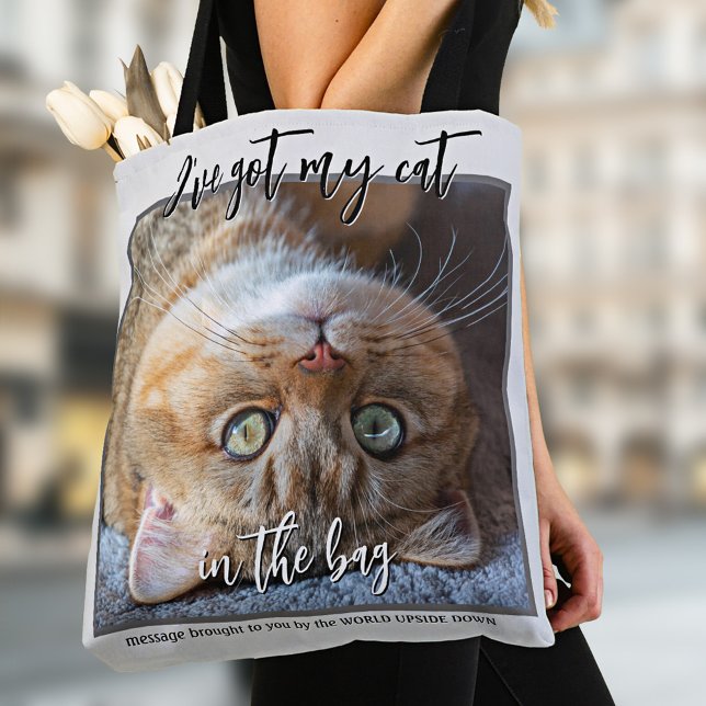 Your Funny Photo Cat in the Bag Tote Bag (Tote bag featuring your custom cat (or other) photo and (funny or other) texts on neutral grey blue)