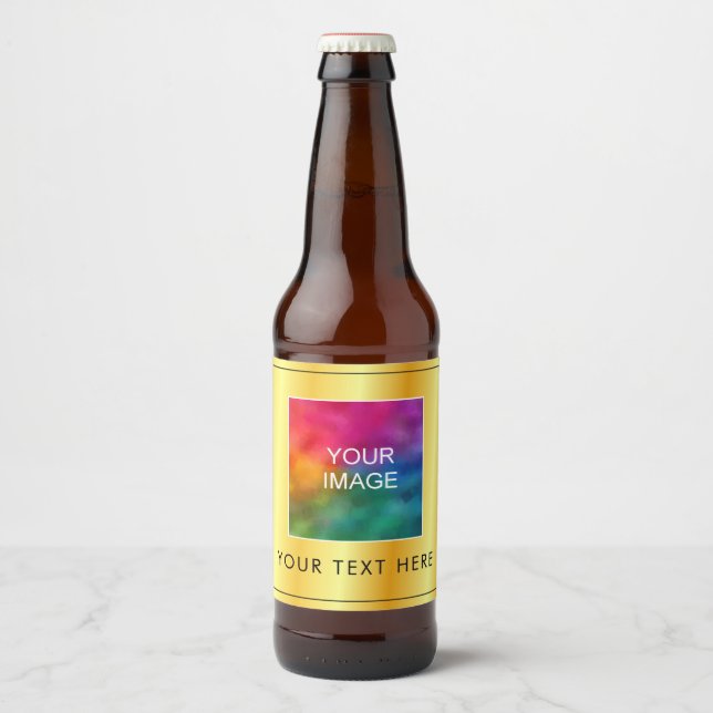 Your Image or Logo Here Modern Faux Gold Template Beer Bottle Label (Front)