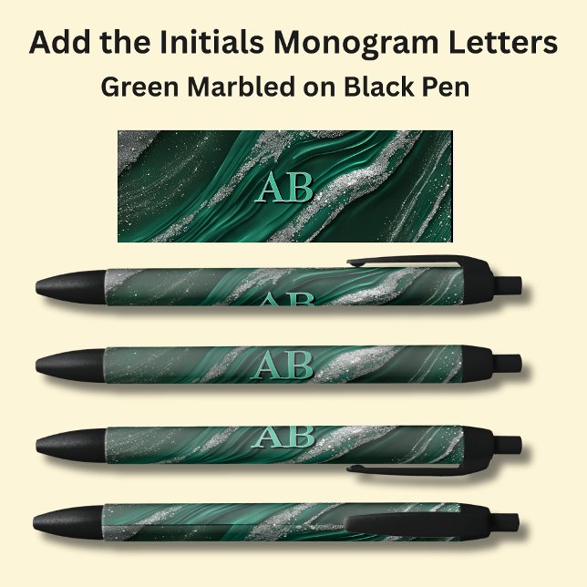 Your Initials Monogram Green Marbled Black Ink Pen (Creator Uploaded)