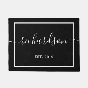 Your Last Name in Script with Year Black Doormat