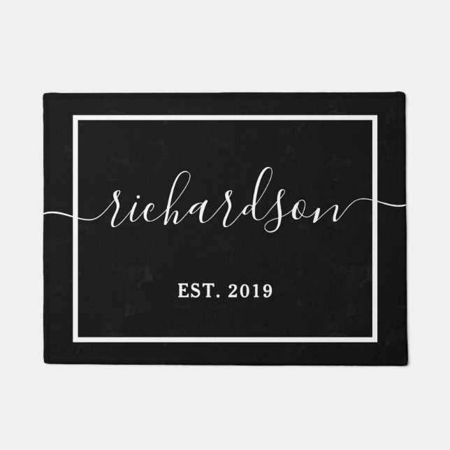 Your Last Name in Script with Year | Black Doormat (Front)
