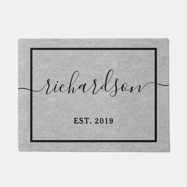 Your Last Name in Script with Year | Grey Doormat (Front)