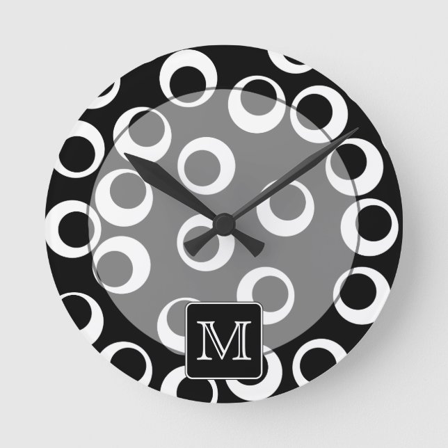 Your Letter. Black and White Monogram. Fun Pattern Round Clock (Front)