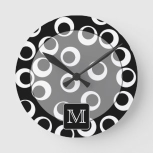 Your Letter. Black and White Monogram. Fun Pattern Round Clock