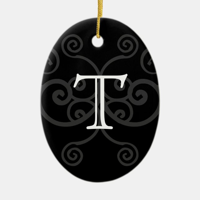 Your Letter. Black / White Swirl Monogram. Custom Ceramic Ornament (Front)