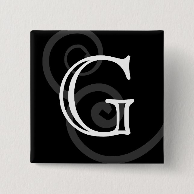 Your Letter. Custom Black / White Swirl Monogram. 2 Inch Square Button (Front)