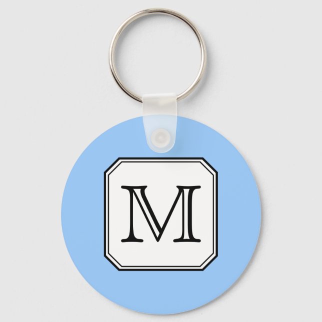 Your Letter. Custom Monogram. Blue Black White. Keychain (Front)