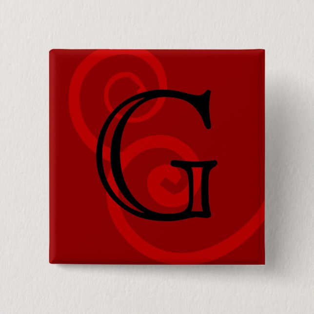 Your Letter. Custom Red Swirl Monogram. 2 Inch Square Button (Front)