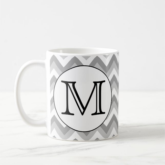 Your Letter. Grey Zigzag Pattern Monogram. Coffee Mug (Left)