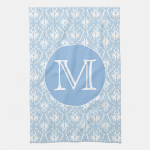 Your Letter, Monogram. Pale Blue Damask Pattern. Kitchen Towel