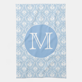 Your Letter, Monogram. Pale Blue Damask Pattern. Kitchen Towel