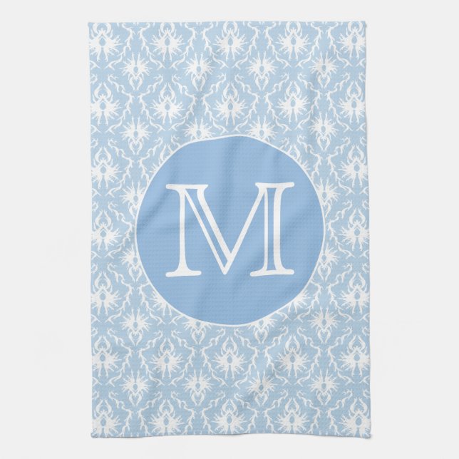 Your Letter, Monogram. Pale Blue Damask Pattern. Kitchen Towel (Vertical)