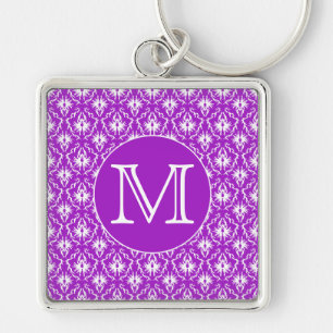 Your Letter. Purple and White Damask Pattern. Keychain
