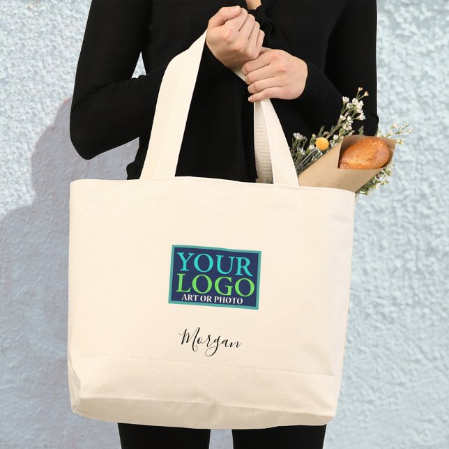 Your Logo/Art/Photo, Black Script Name Large Tote Bag (Creator Uploaded)