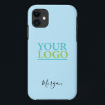 Your Logo/Art/Photo, Name Black Script, Light Blue iPhone 11 Case<br><div class="desc">Personalize with your Company Logo,  Art or Photo and name in black script on Light Blue background. Click “Customize” to change colours and type styles.</div>