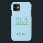 Your Logo/Art/Photo, Name Black Script, Light Blue iPhone 11 Case<br><div class="desc">Personalize with your Company Logo,  Art or Photo and name in black script on Light Blue background. Click “Customize” to change colours and type styles.</div>