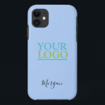 Your Logo/Art/Photo, Name Black Script, Pale Blue iPhone 11 Case<br><div class="desc">Personalize with your Company Logo,  Art or Photo and name in black script on Pale Blue background. Click “Customize” to change colours and type styles.</div>