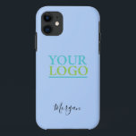 Your Logo/Art/Photo, Name Black Script, Pale Blue iPhone 11 Case<br><div class="desc">Personalize with your Company Logo,  Art or Photo and name in black script on Pale Blue background. Click “Customize” to change colours and type styles.</div>