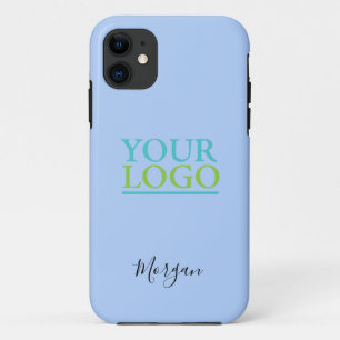 Your Logo/Art/Photo, Name Black Script, Pale Blue iPhone 11 Case