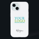 Your Logo/Art/Photo, Name Black Script, White iPhone 15 Case<br><div class="desc">Personalize with your Company Logo,  Art or Photo and name in black script on white background. Click “Edit Using Design Tool” to change colours and type styles.</div>