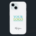 Your Logo/Art/Photo, Name Black Script, White iPhone 15 Case<br><div class="desc">Personalize with your Company Logo,  Art or Photo and name in black script on white background. Click “Edit Using Design Tool” to change colours and type styles.</div>