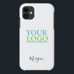 Your Logo/Art/Photo, Name Black Script, White iPhone 11 Case<br><div class="desc">Personalize with your Company Logo,  Art or Photo and name in black script on white background. Click “Customize” to change colours and type styles.</div>
