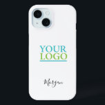 Your Logo/Art/Photo, Name Black Script, White iPhone 15 Case<br><div class="desc">Personalize with your Company Logo,  Art or Photo and name in black script on white background. Click “Edit Using Design Tool” to change colours and type styles.</div>