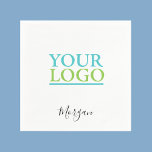 Your Logo/Art/Photo, Name Black Script, White Napkin<br><div class="desc">Personalize with your Company Logo,  Art or Photo and name in black script on white background. Click “Edit Using Design Tool” to change colours and type styles.</div>